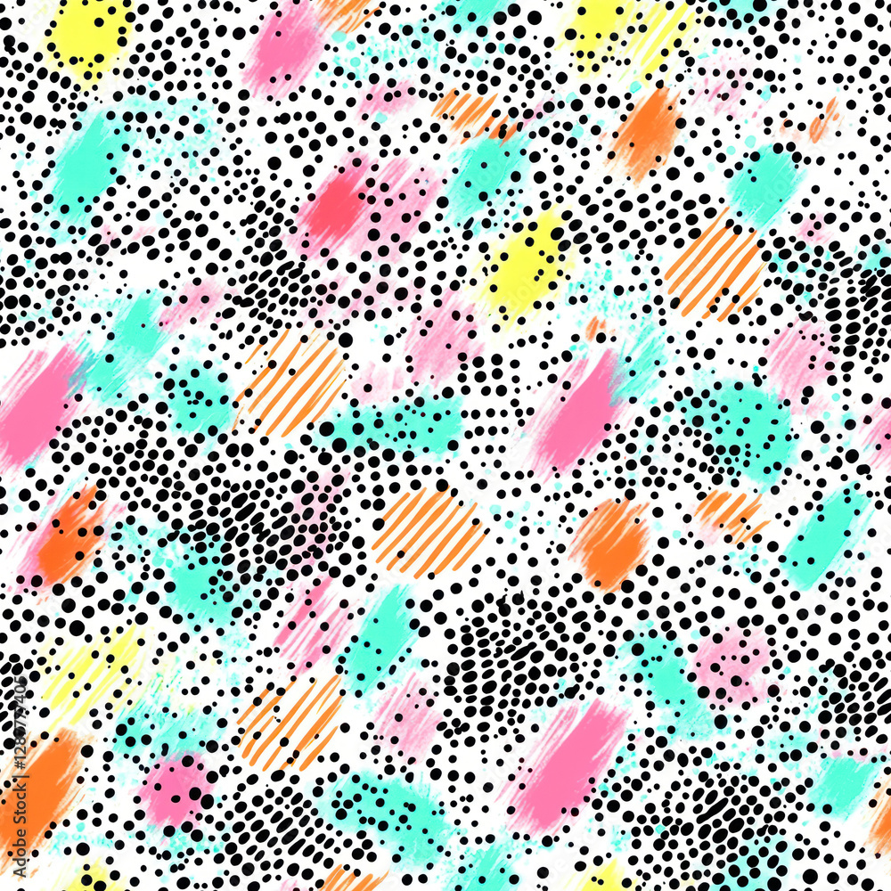 Poster dotted texture with colorful painted shapes overlaying on white surface creates patterned background