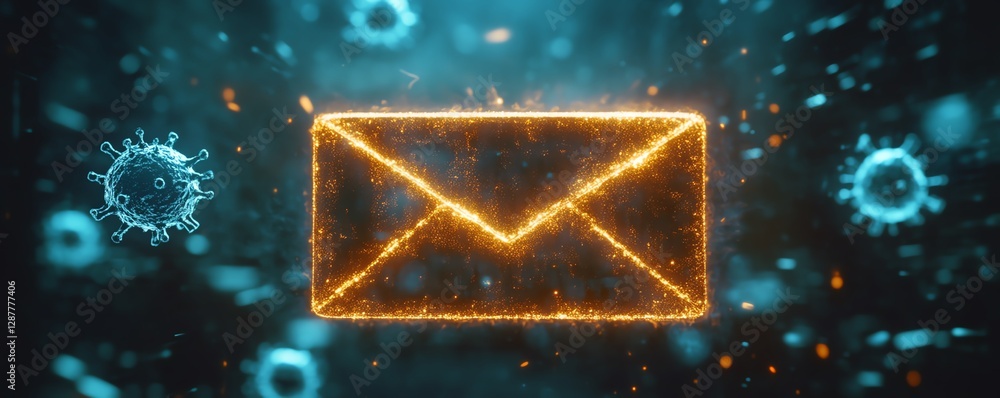 Poster spam email warning, email inbox with harmful virus message, caution sign alert for potential cyberse
