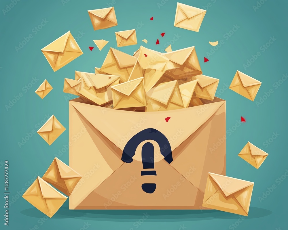 Poster suspect email alert, inbox filled with spam and harmful virus messages, caution sign popup warning f