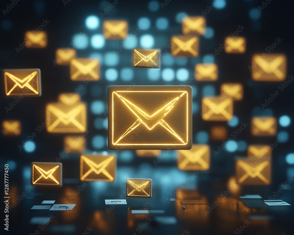 Poster suspect email alert, inbox filled with spam and harmful virus messages, caution sign popup warning f