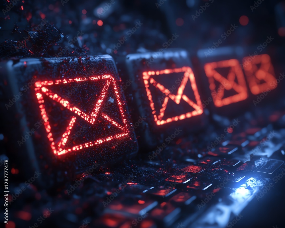 Poster suspect email alert, inbox filled with spam and harmful virus messages, caution sign popup warning f