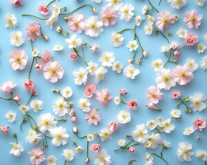 Pastel flowers arranged on blue background, flat lay, spring design