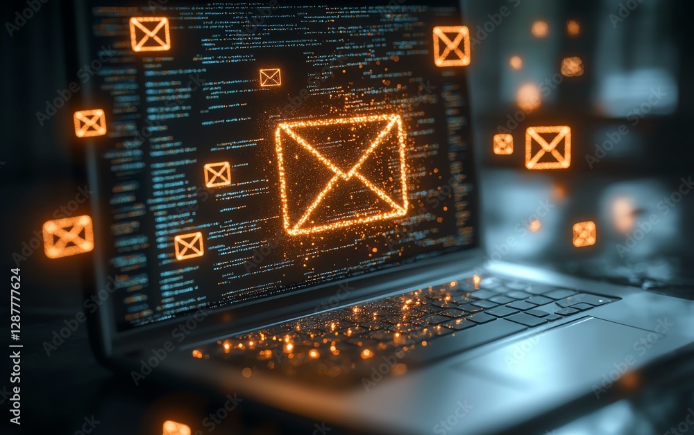 Poster cybersecurity awareness, email inbox showing spam and suspicious emails, warning caution sign for po