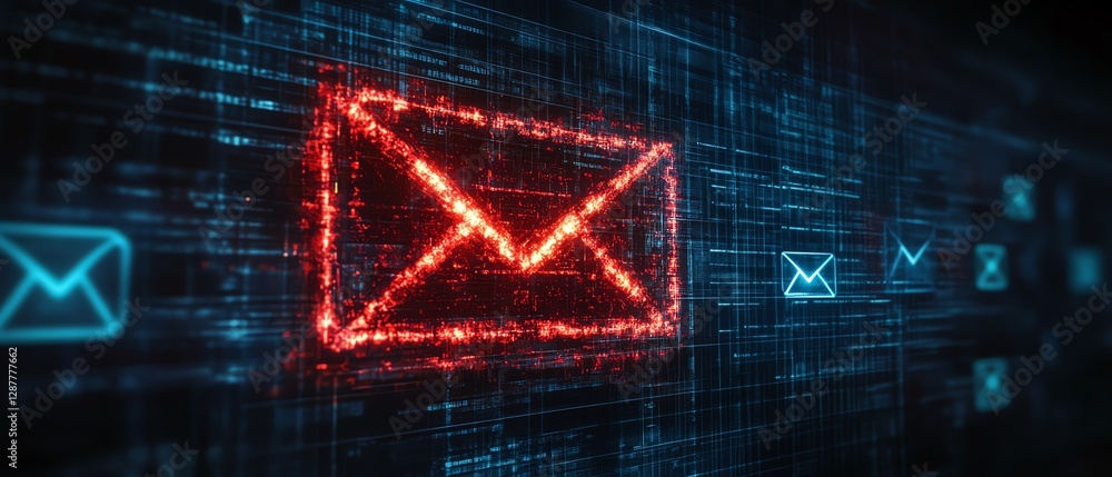 Poster cybersecurity email alert, inbox filled with spam, harmful virus messages, notification caution sign