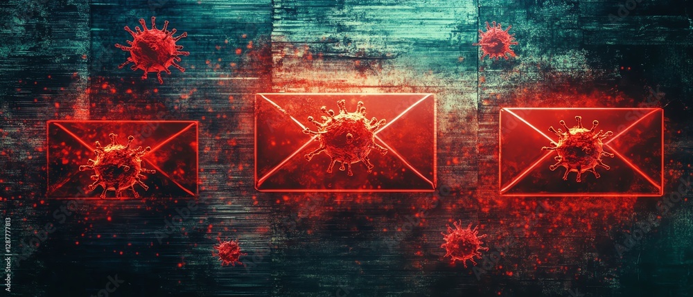 Poster email inbox showing virusladen spam messages, cybersecurity awareness alert, caution sign for harmfu