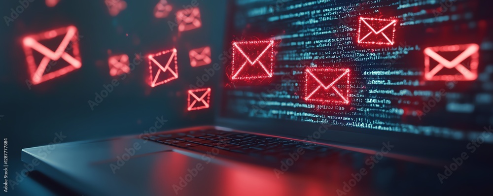 Poster email inbox with spam virus message, popup warning for harmful internet threats, caution sign alert 