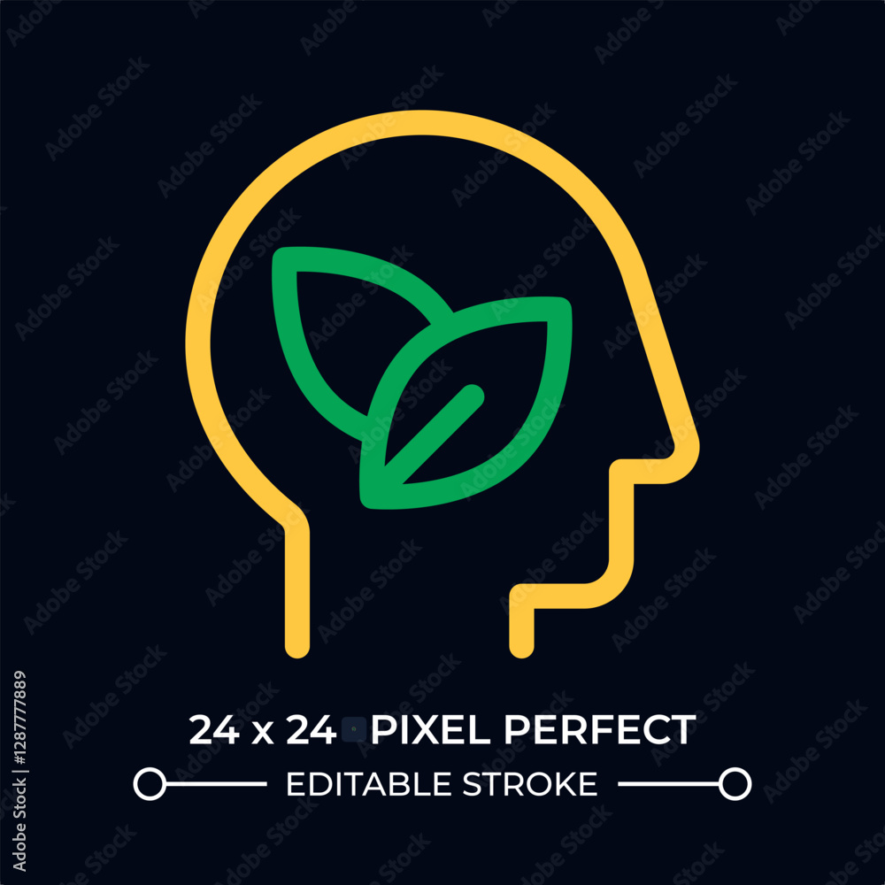 Poster think green dark color line ui icon. human head with leaves within. environmentally friendly philoso