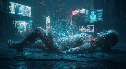 Cybernetic figure lying on ground amidst futuristic urban landscape