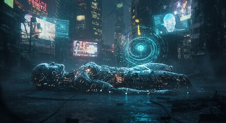 Cyborg lying on wet street in futuristic cyberpunk city