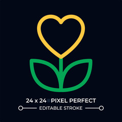 Plant with heart shaped flower dark color line ui icon. Love to nature expression. Botanical romance atmosphere. Vector duotone outline symbol isolated. User interface element, pixel perfect