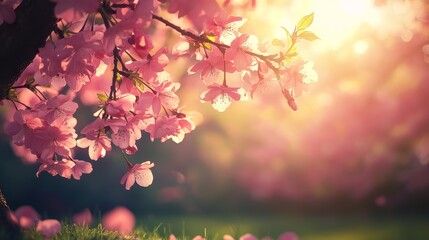 Fototapeta premium spring blossom background with sun flare and blooming trees