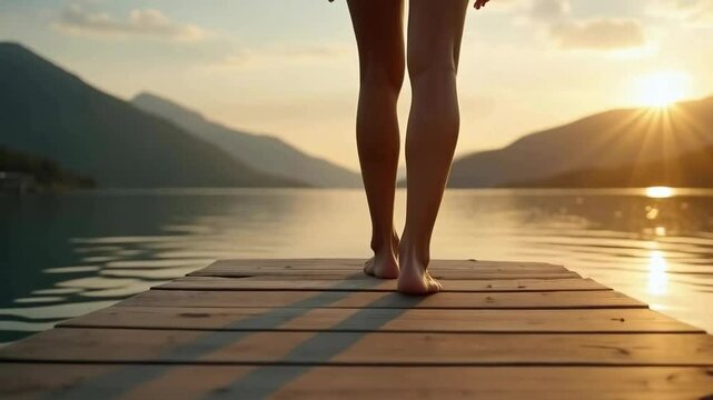 A man walks barefoot on a wooden bridge that is on the surface of the water.