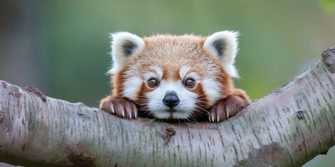 Obraz premium A baby panda is sitting on a tree branch. The panda is looking at the camera with a curious expression