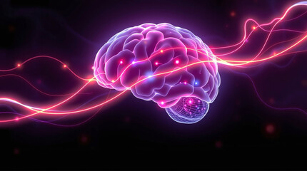 Illustration of bioluminescent electromagnetic waves flowing through a human brain, smooth colorful energy, minimal futuristic neuroscience, glowing neural patterns, natural light effects.