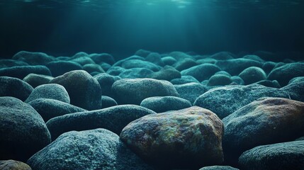 realistic underwater scene with dark ocean floor. calming blue and green tones. stone underwater