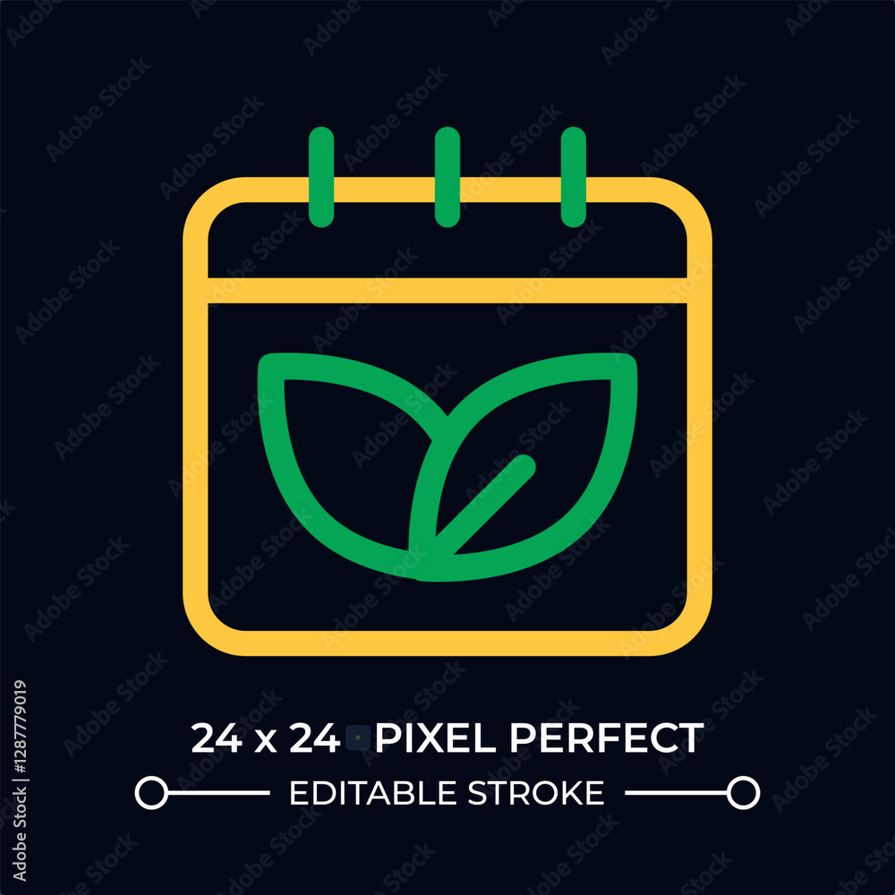 Poster leaves on calendar page dark color line ui icon. scheduling eco friendly events. environment care pl