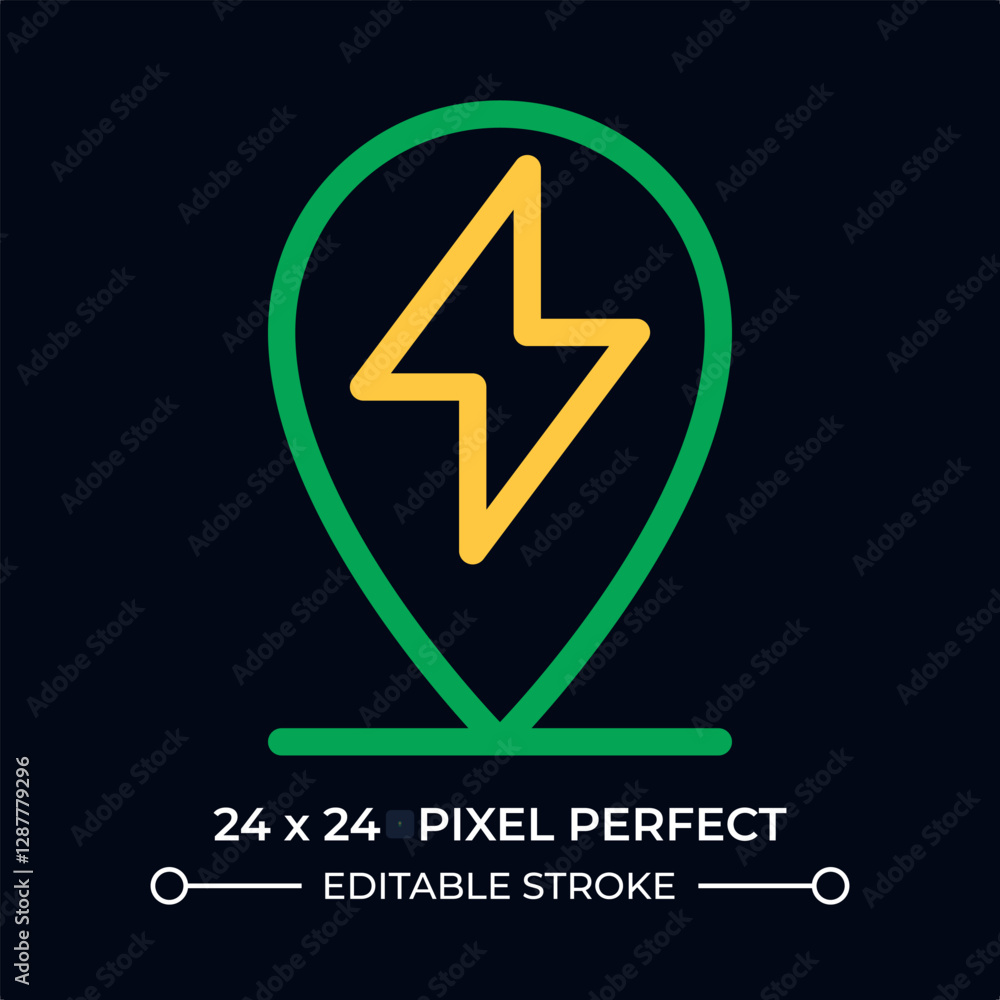 Poster ev charging station location dark color line ui icon. map pin with electricity symbol. eco friendly 