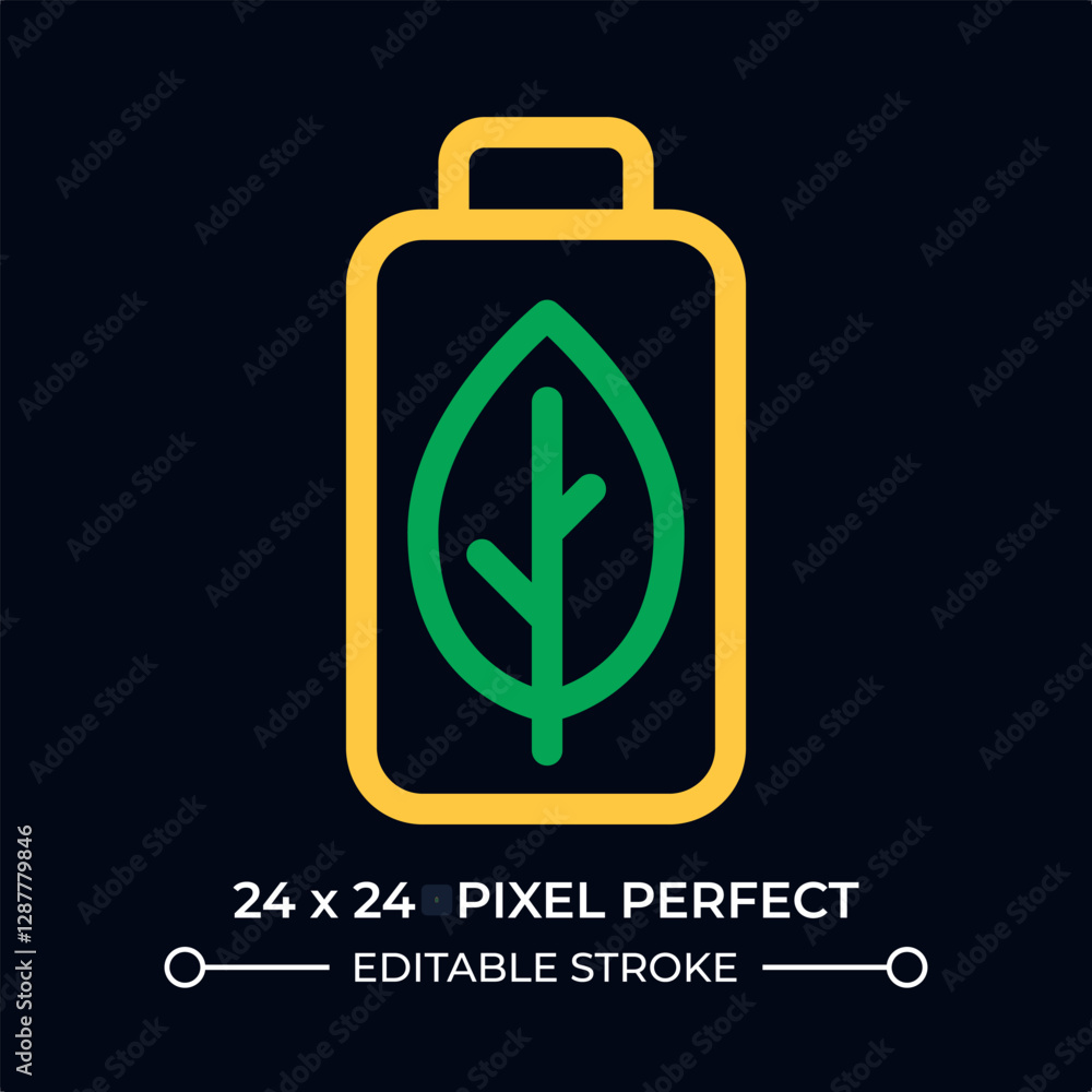 Poster eco friendly battery dark color line ui icon. rechargeable accumulator with leaf. minimize resource 