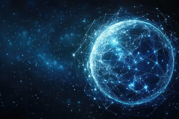 A futuristic concept showing a globe wrapped in interconnected digital nodes, symbolizing online networking.