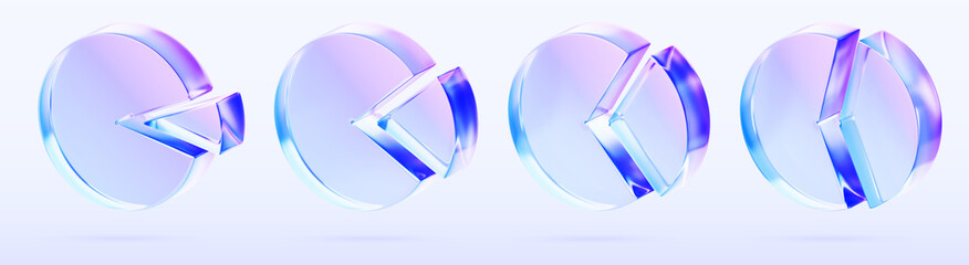 3d set of glass holographic transparent pie chart icon with different percent share render. Circle gradient diagram for business infographic, data analysis statistic, financial graph. 3D illustration