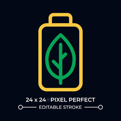Naklejka premium Eco friendly battery dark color line ui icon. Rechargeable accumulator with leaf. Minimize resource depletion. Vector duotone outline symbol isolated. User interface element, pixel perfect