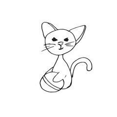 cute kitten with an emotion with a smile and a childrens ball composition childrens vector character blackly white illustration The basis for textiles of dishes of stickers