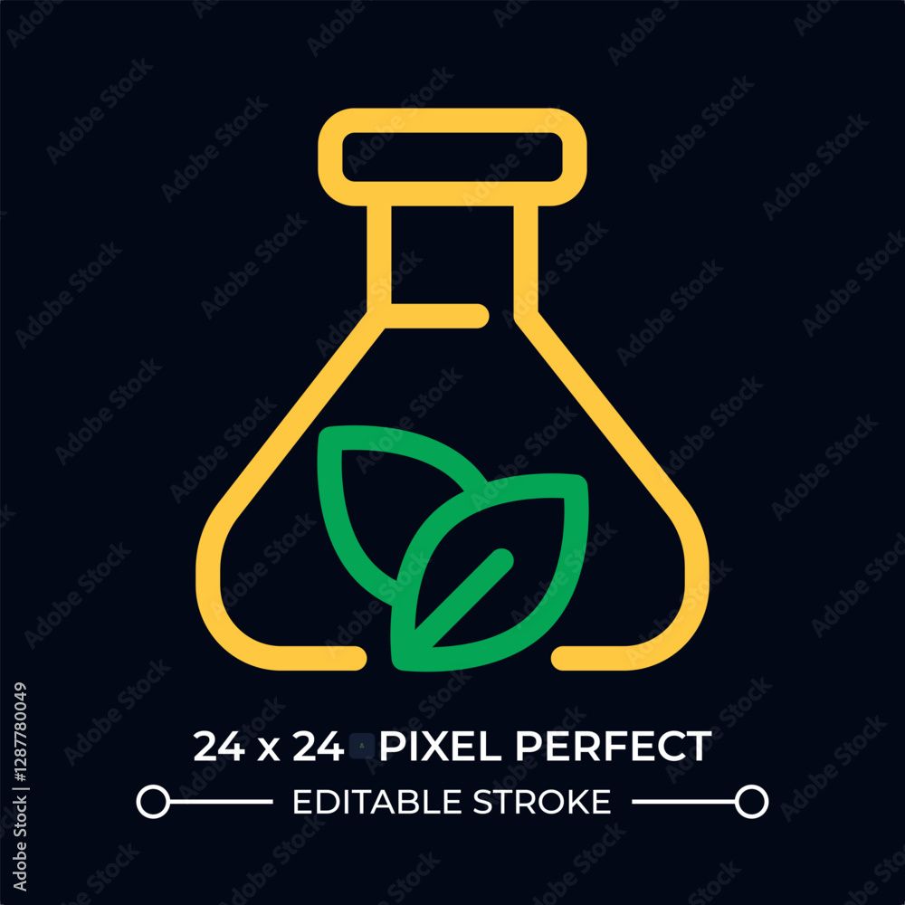 Poster biochemistry dark color line ui icon. fresh plant leaves within erlenmeyer flask. researching botani