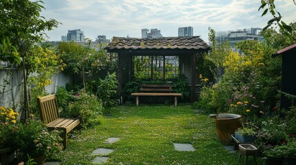 Obraz premium Serene Rooftop Garden with Gazebo and Benches