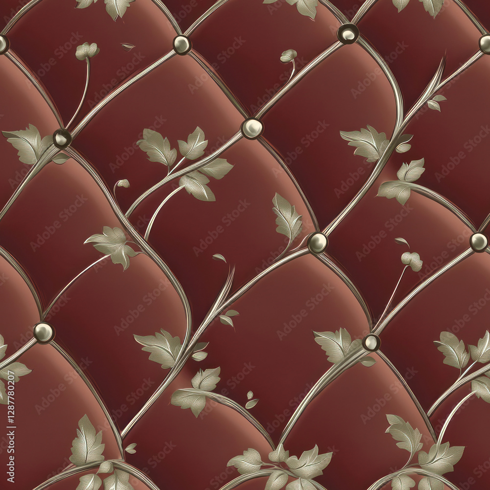 Poster embossed red surface pattern with floral, buttoned background on red upholstery, seamless elegant te
