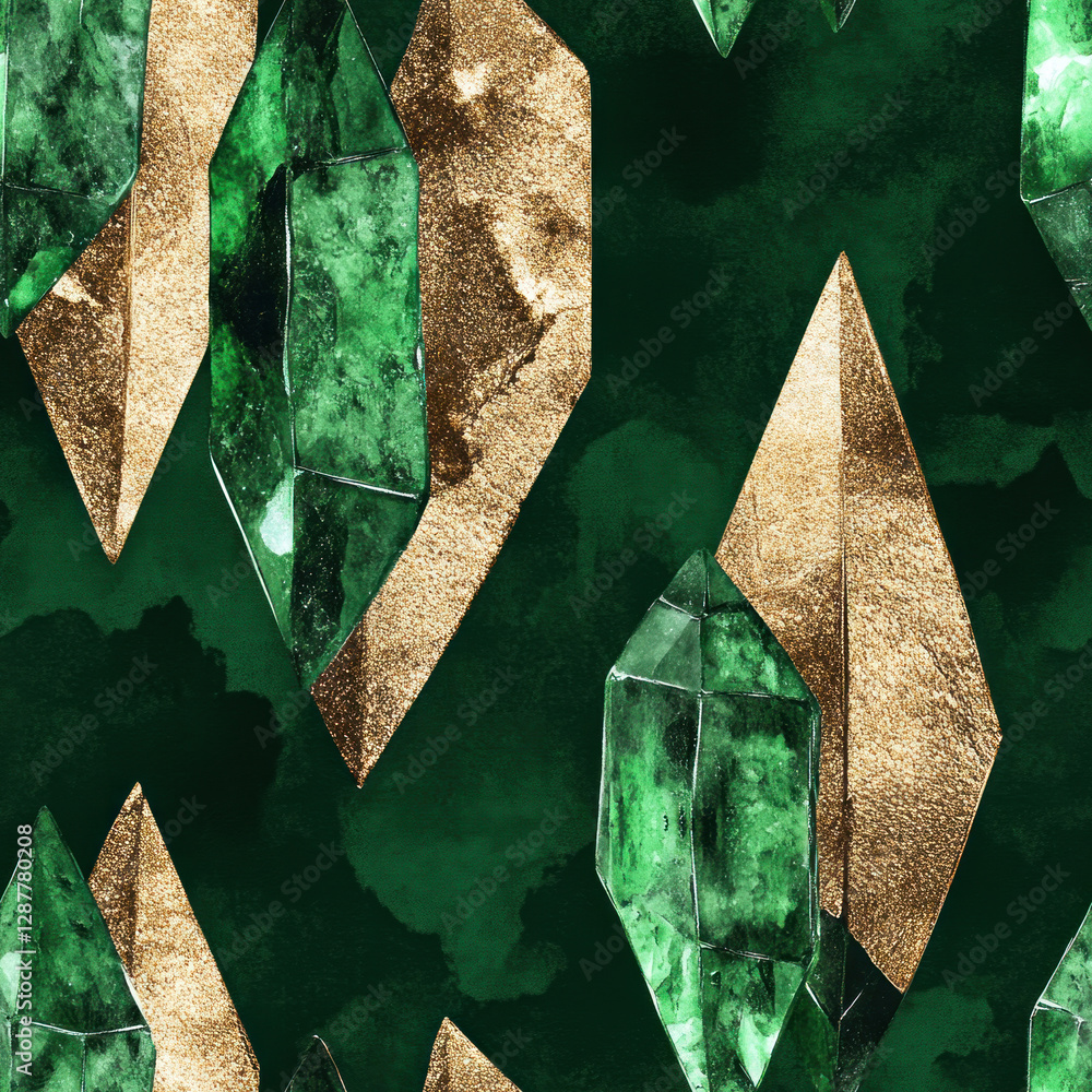 Poster emerald crystals with gold accents floating in a misty green space, creating abstract patterns