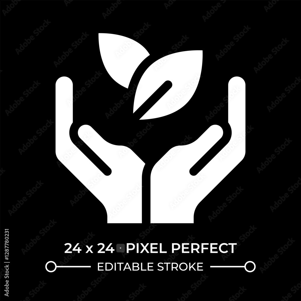 Poster leaves in protecting hands glyph ui icon isolated on black. save nature and ecology. environment car