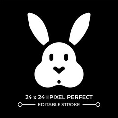 Cute rabbit face glyph ui icon isolated on black. Funny bunny with long ears. Friendly rodent animal companion. Hare muzzle. Vector solid symbol dark mode. User interface element, pixel perfect