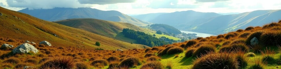 Naklejka premium Undulating hills covered in ferns and heather, plants, landscape feature