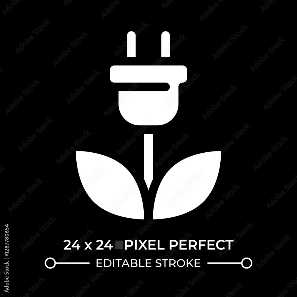 Poster sustainable energy glyph ui icon isolated on black. flower with plug and leaves. eco friendly source