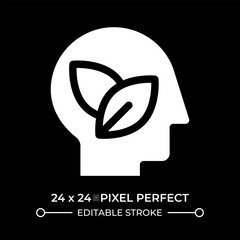 Think green glyph ui icon isolated on black. Human head with leaves within. Environmentally friendly philosophy. Mindfulness. Vector solid symbol dark mode. User interface element, pixel perfect