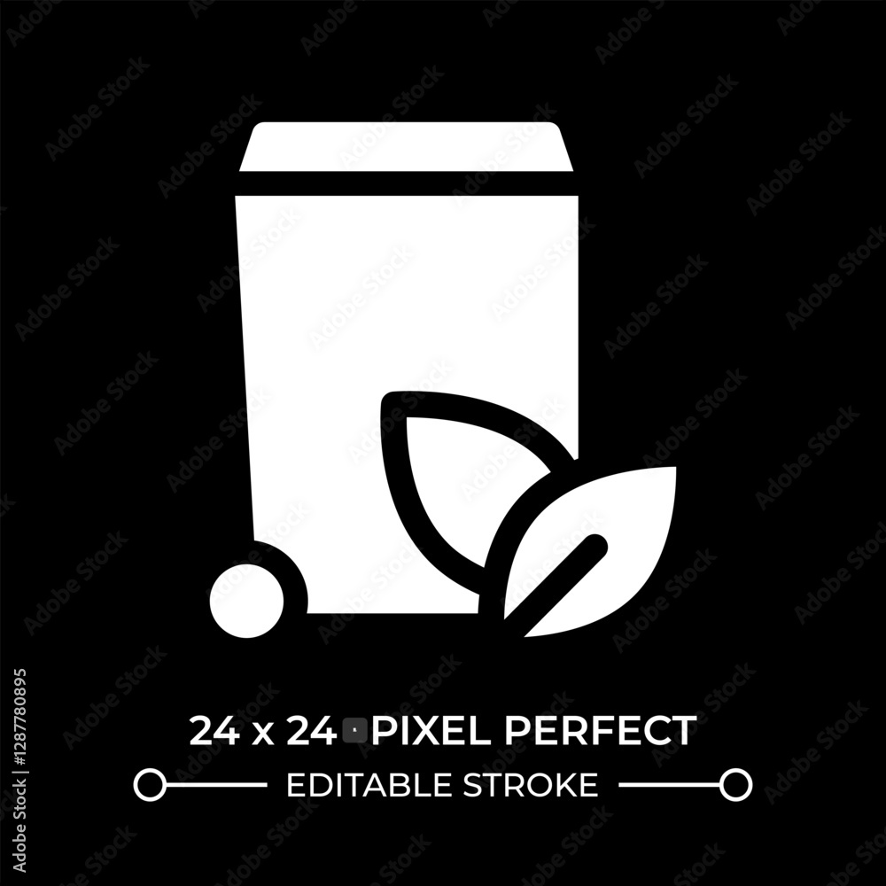 Poster trash can with leaves glyph ui icon isolated on black. sustainable waste management. litter recyclin