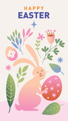 Easter card with cute easter bunny with easter egg, vertical design