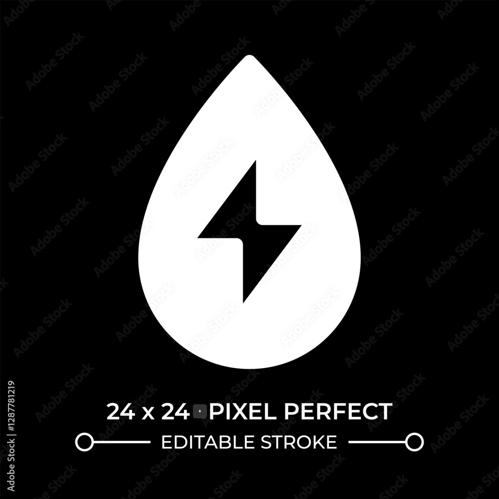 Poster water power glyph ui icon isolated on black. lightning inside clear drop. hydropower technology bene
