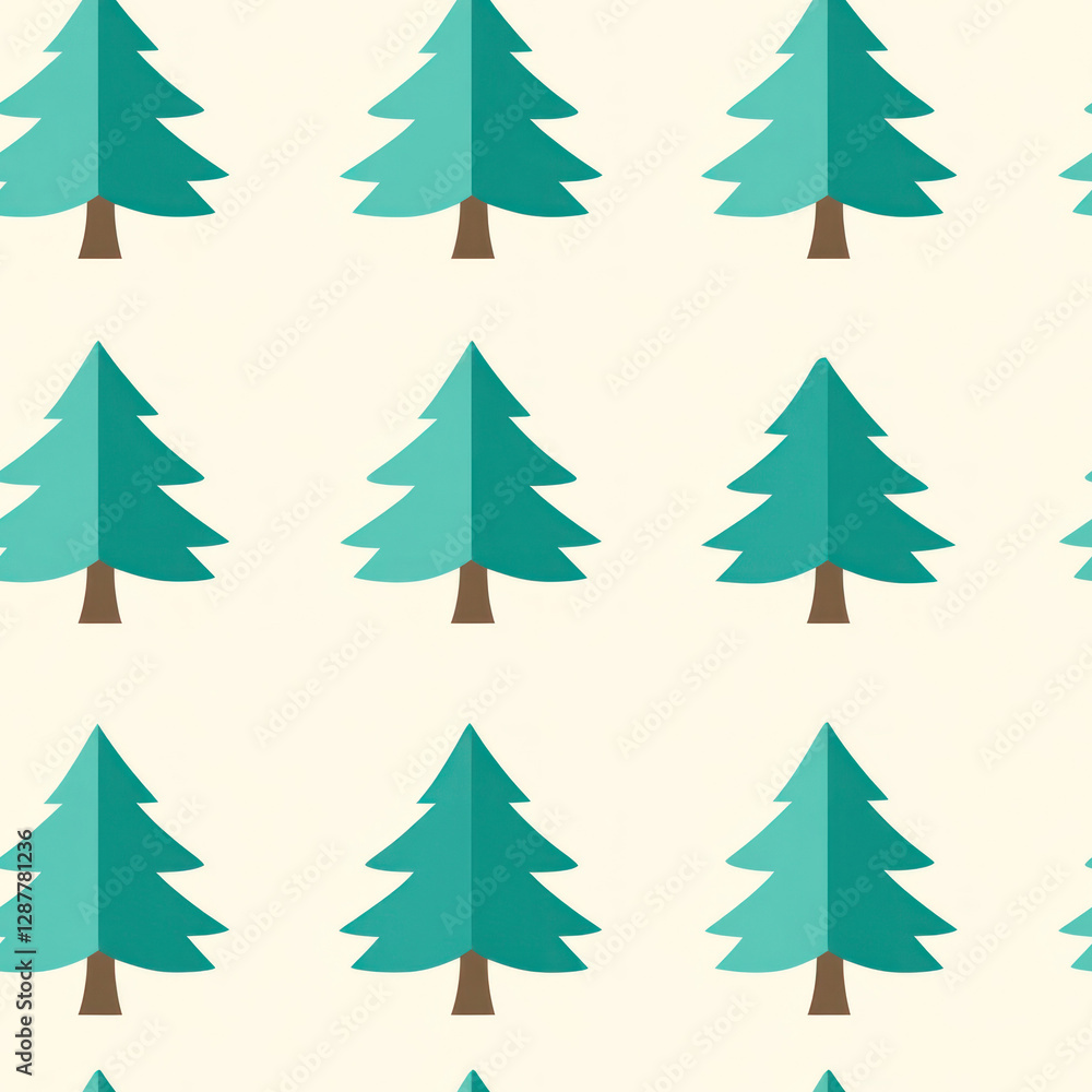 Poster evergreen trees repeat on cream background, creating a simple, peaceful, geometric pattern
