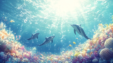 Obraz premium Underwater Scene of Dolphins Swimming Above a Colorful Coral Reef with Pixelated Style and Bright Sunlight