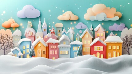 Colorful Winter Paper City with Snow and Festive Decorations