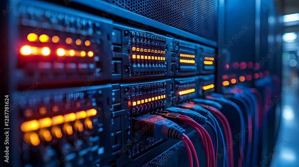 Poster close up of server rack with illuminated components