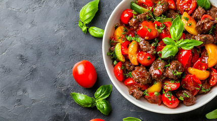 Beef and tomato salad, summer recipe, dark background, food photography, restaurant menu