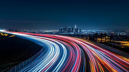 Night Highway Traffic with City Skyline