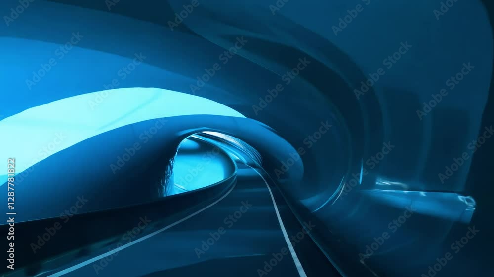 Poster tracking video moving through a tunnel-like structure with abstract shapes and alternating light and
