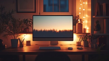 Cozy Home Office Workspace at Night with Warm Lighting