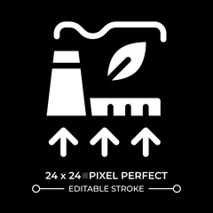 Improving green factory glyph ui icon isolated on black. Manufacturing plant with leaves. Clean industry providing. Eco friendly. Vector solid symbol dark mode. User interface element, pixel perfect