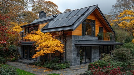 Autumn home with solar panels, nature