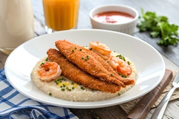 Grits with fried catfish and shrimp, southern breakfast concept