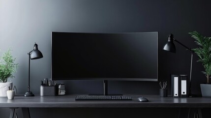 Dark Modern Workspace with Black Computer and Desk